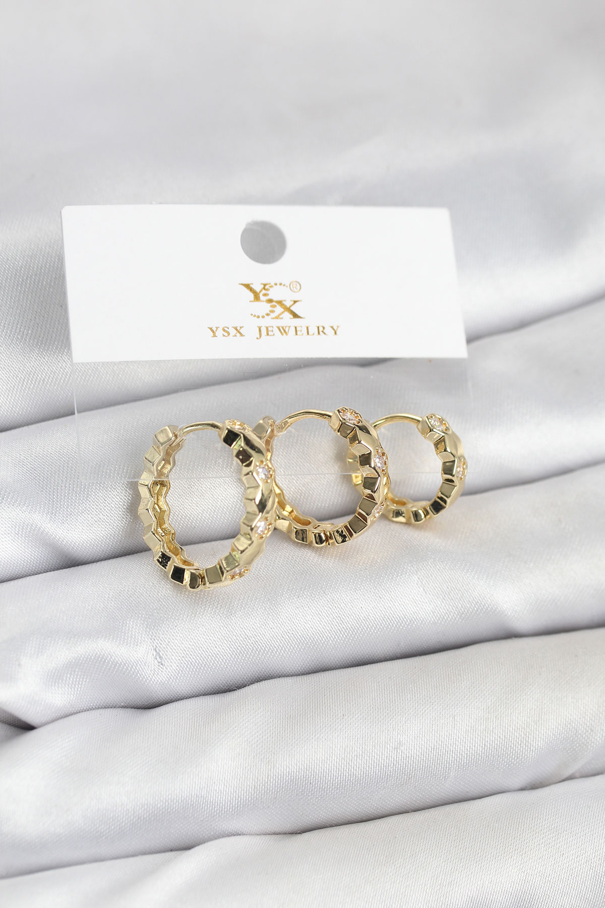 Pirinç Gold Renk Zirkon Taşlı Petek Halka Model YSX Trio Küpe Seti - Lisinya