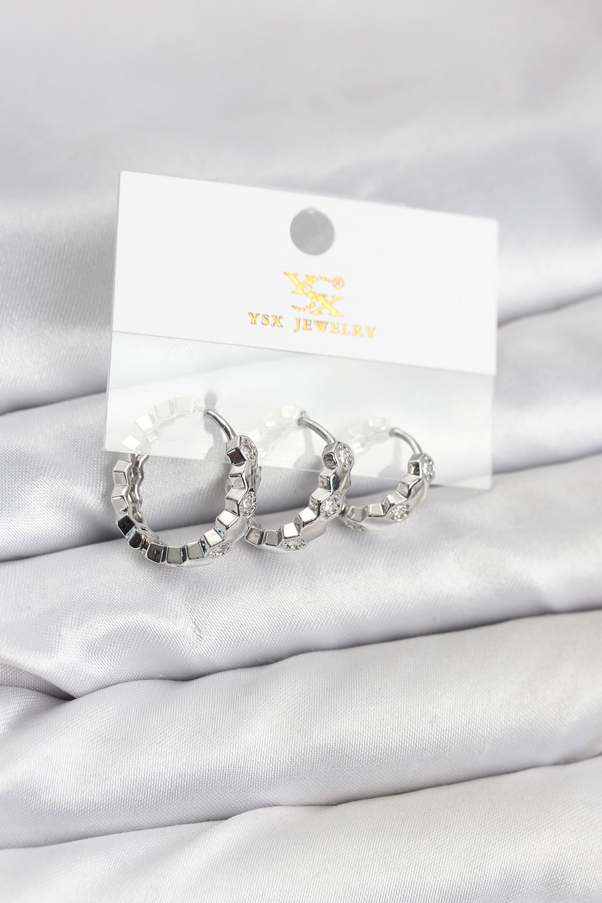 Pirinç Gümüş Renk Zirkon Taşlı Petek Halka Model YSX Trio Küpe Seti - Lisinya