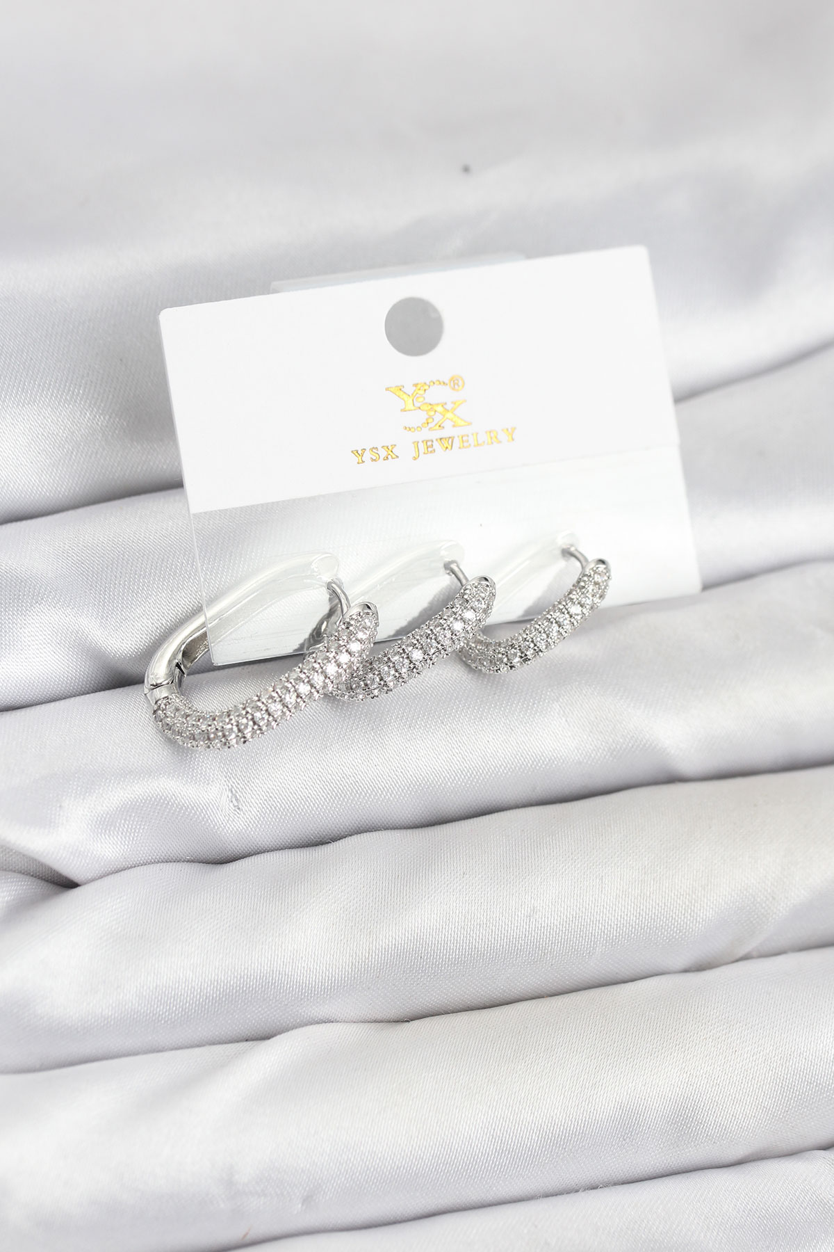 Pirinç Gümüş Renk Zirkon Taşlı Halka Model YSX Trio Küpe Seti - Lisinya