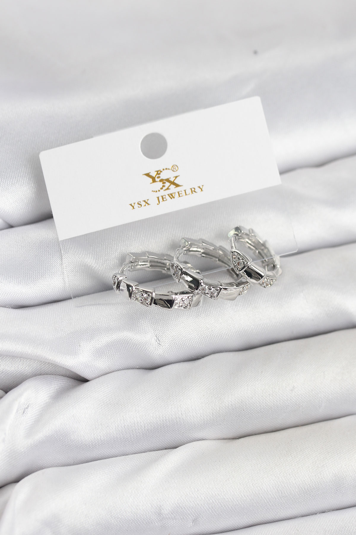 Pirinç Gümüş Renk Zirkon Taşlı Halka Yılan Model YSX Trio Küpe Seti - Lisinya