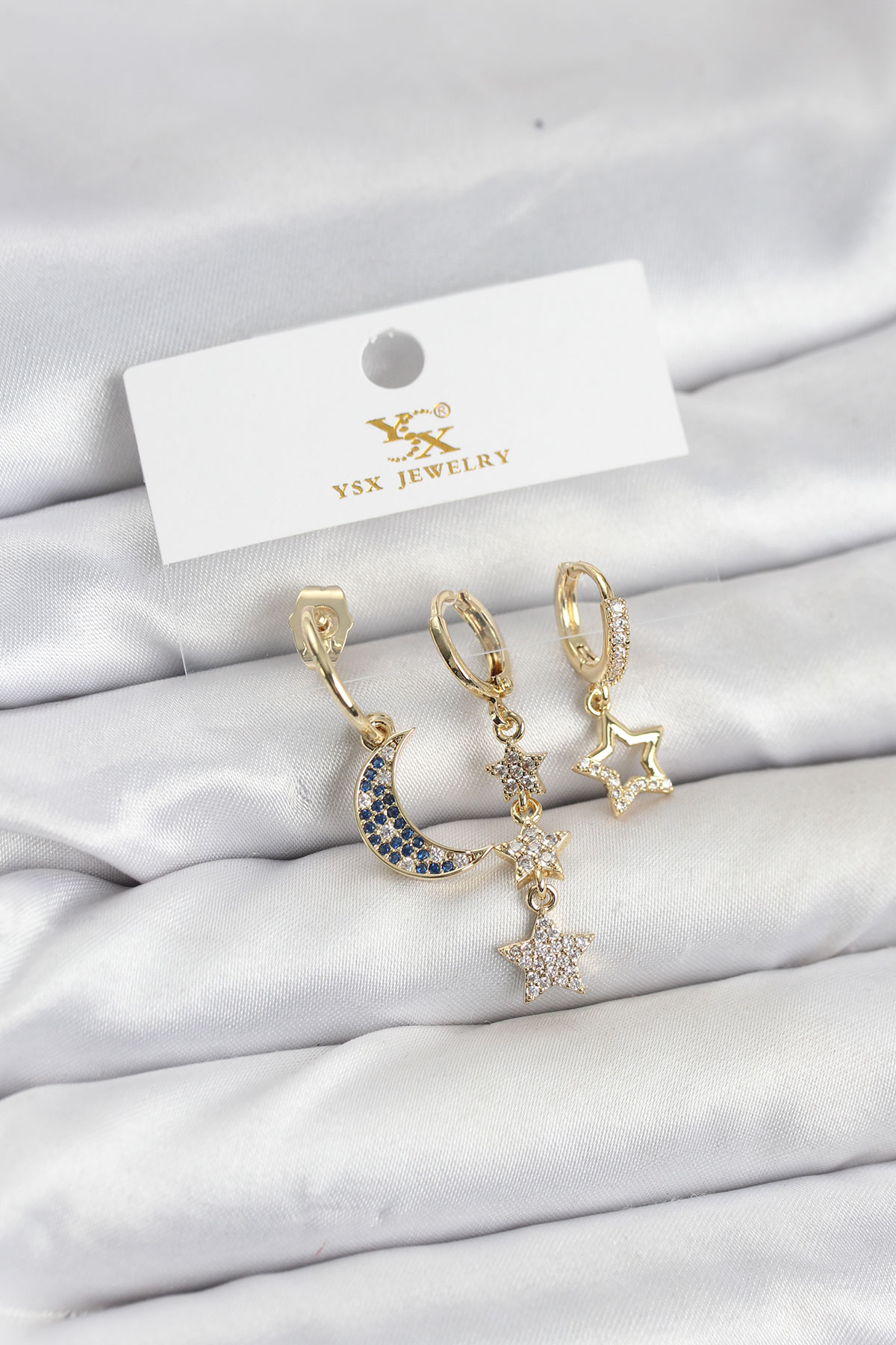 Pirinç Gold Renk Zirkon Taşlı Ay ve Yıldız Model YSX Trio Küpe Seti - Lisinya