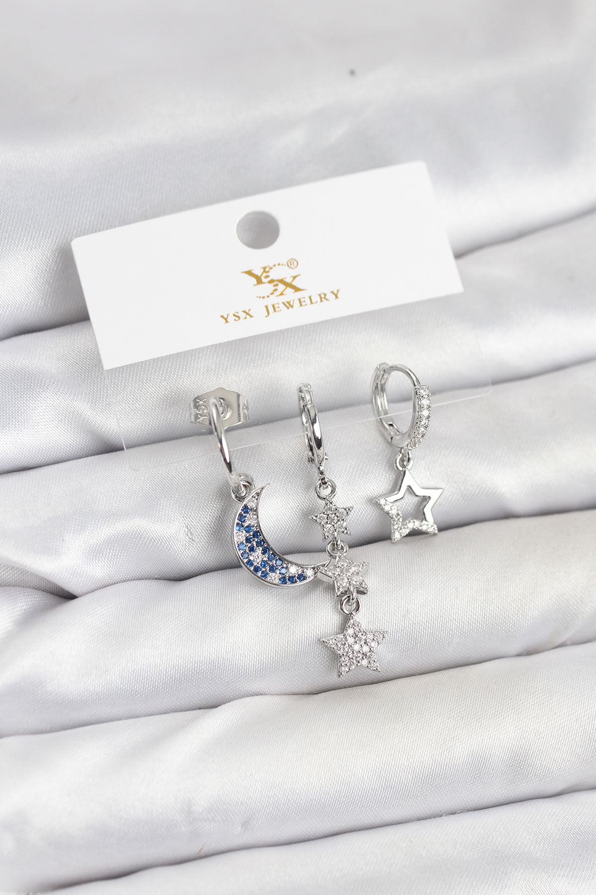 Pirinç Gümüş Renk Zirkon Taşlı Ay ve Yıldız Model YSX Trio Küpe Seti - Lisinya Pirinç Gümüş Renk Zirkon Taşlı Ay ve Yıldız Model YSX Trio Küpe Seti - Lisinya