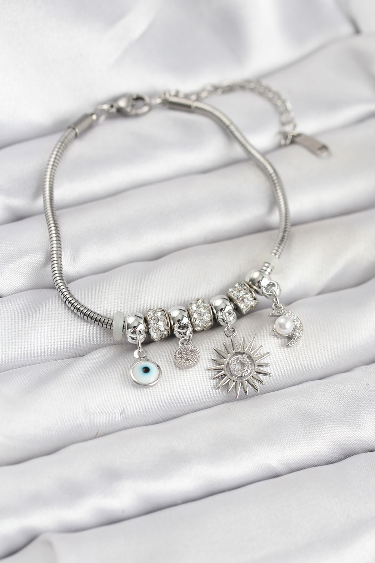 Pirinç Gümüş Renk Güneş Charmlı Kadın Bileklik - Lisinya