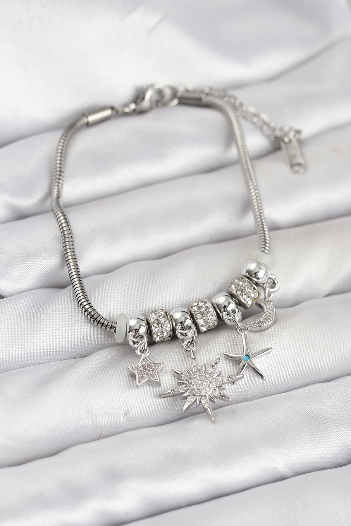 Pirinç Gümüş Renk Güneş Tema Charmlı Kadın Bileklik - Lisinya