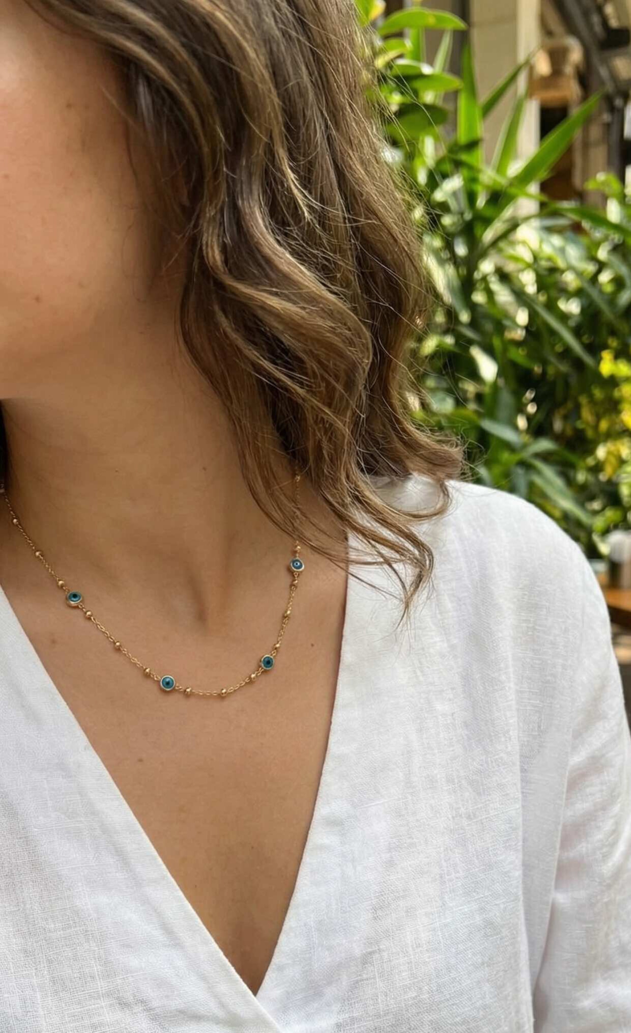 316L Çelik Gold Renk Nazarlı ve Topçuklu Model Kadın Kolye - Lisinya