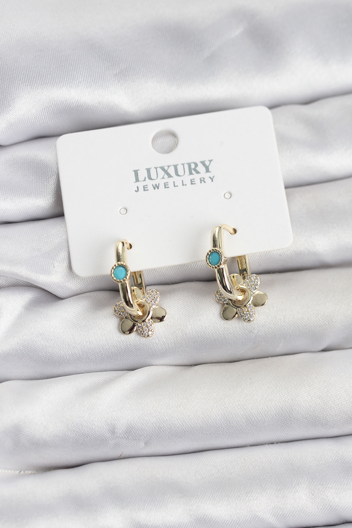 Mavi Taş Detaylı Pirinç Gold Renk Kadın Göçmen Küpesi - Lisinya