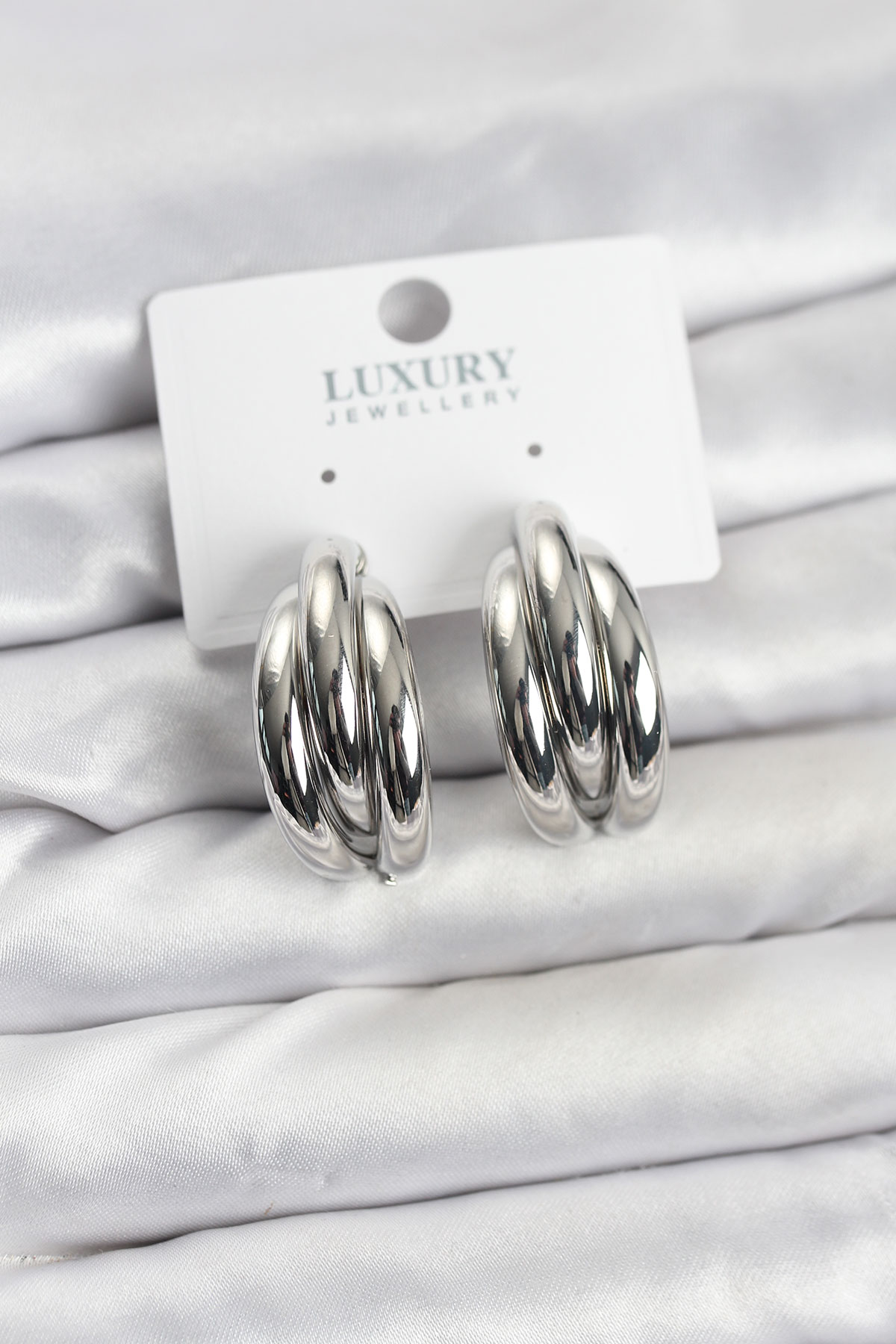 Gümüş Renk Pirinç Yarım Halka Model Kadın Küpe - Lisinya