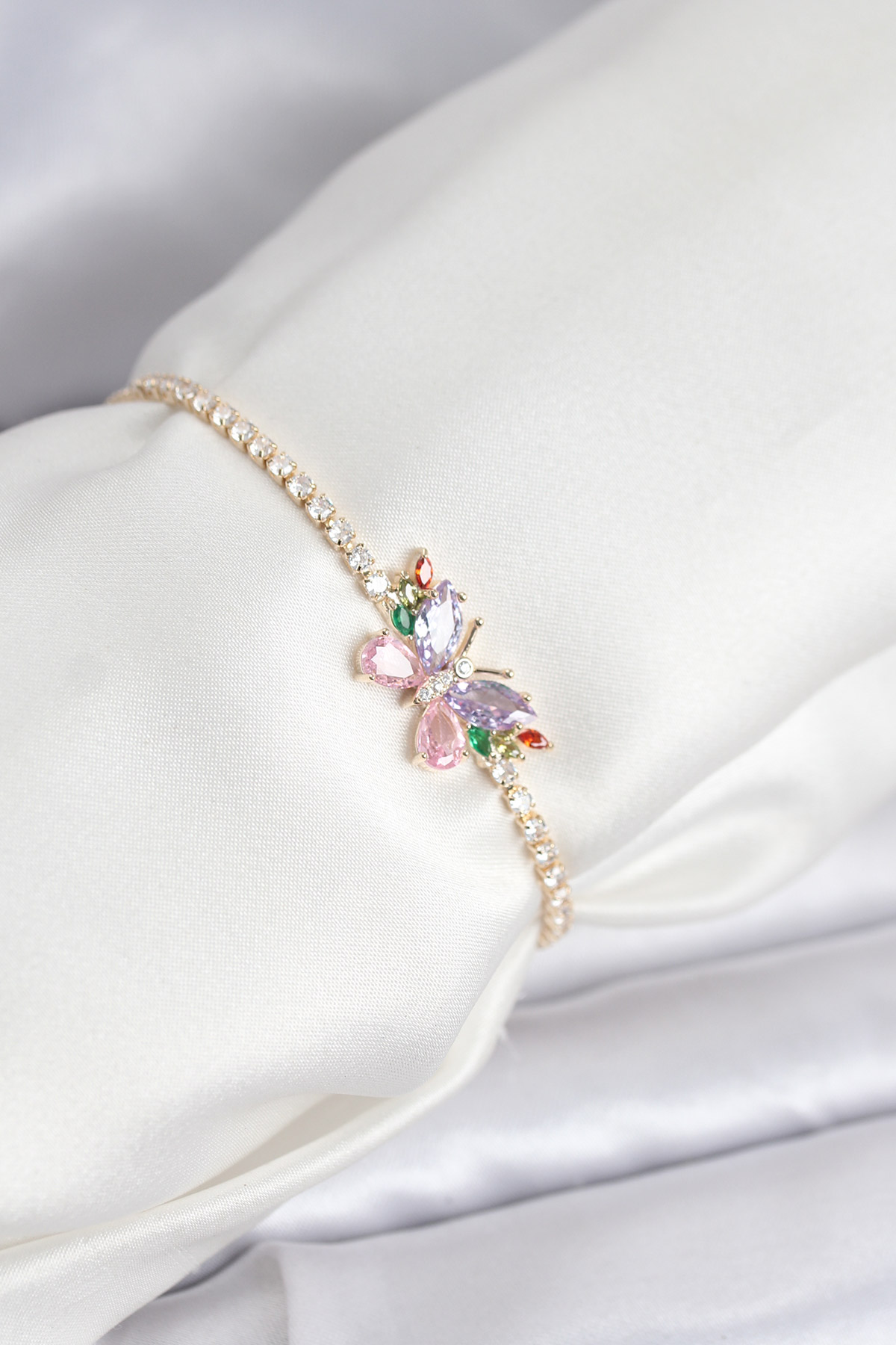 Renkli Kelebek Model Zirkon Taşlı Asansörlü Su Yolu Kadın Bileklik - Lisinya