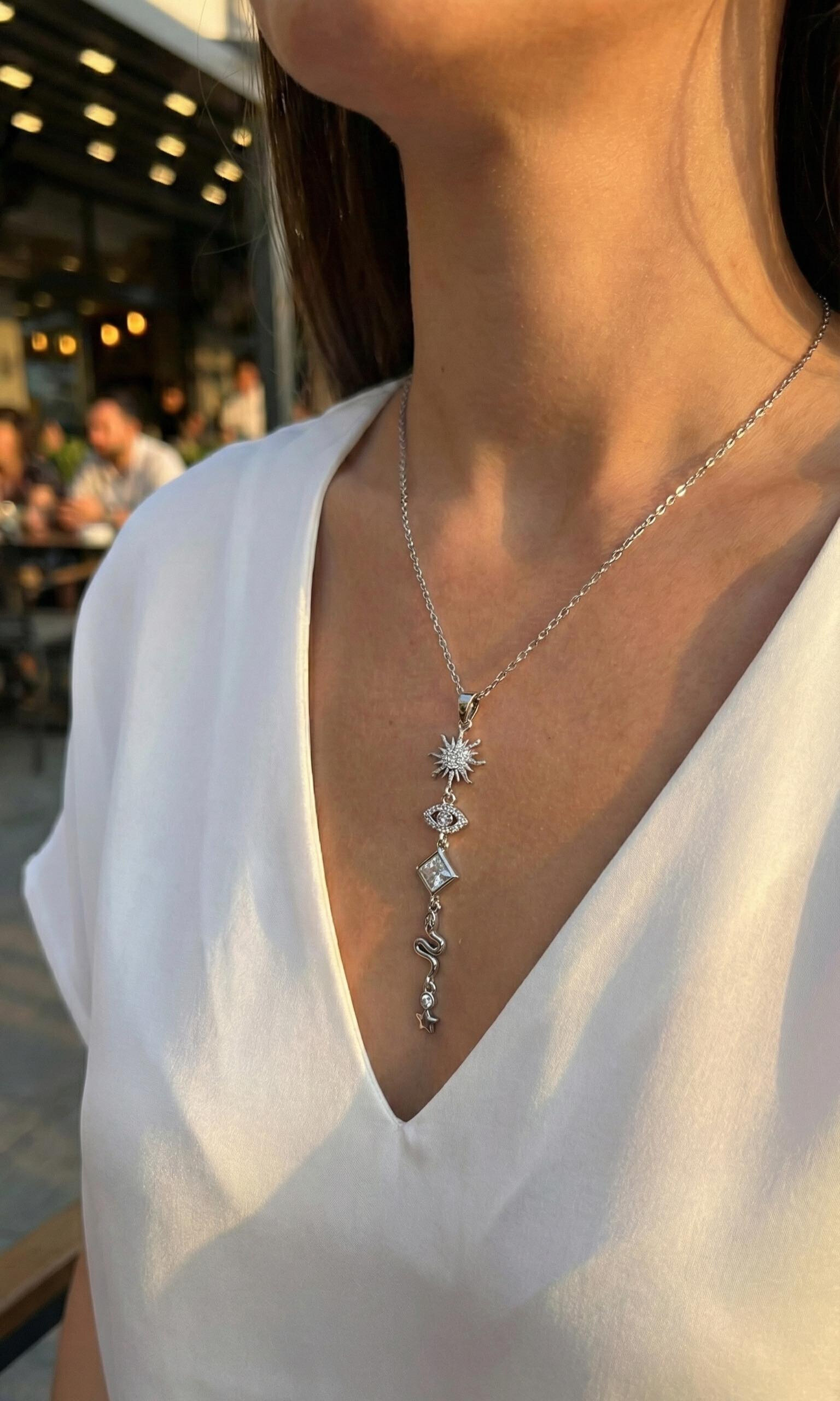 316L Çelik Zincir Gümüş Renk Güneş ve Enerji Model Kadın Y Kolye - Lisinya