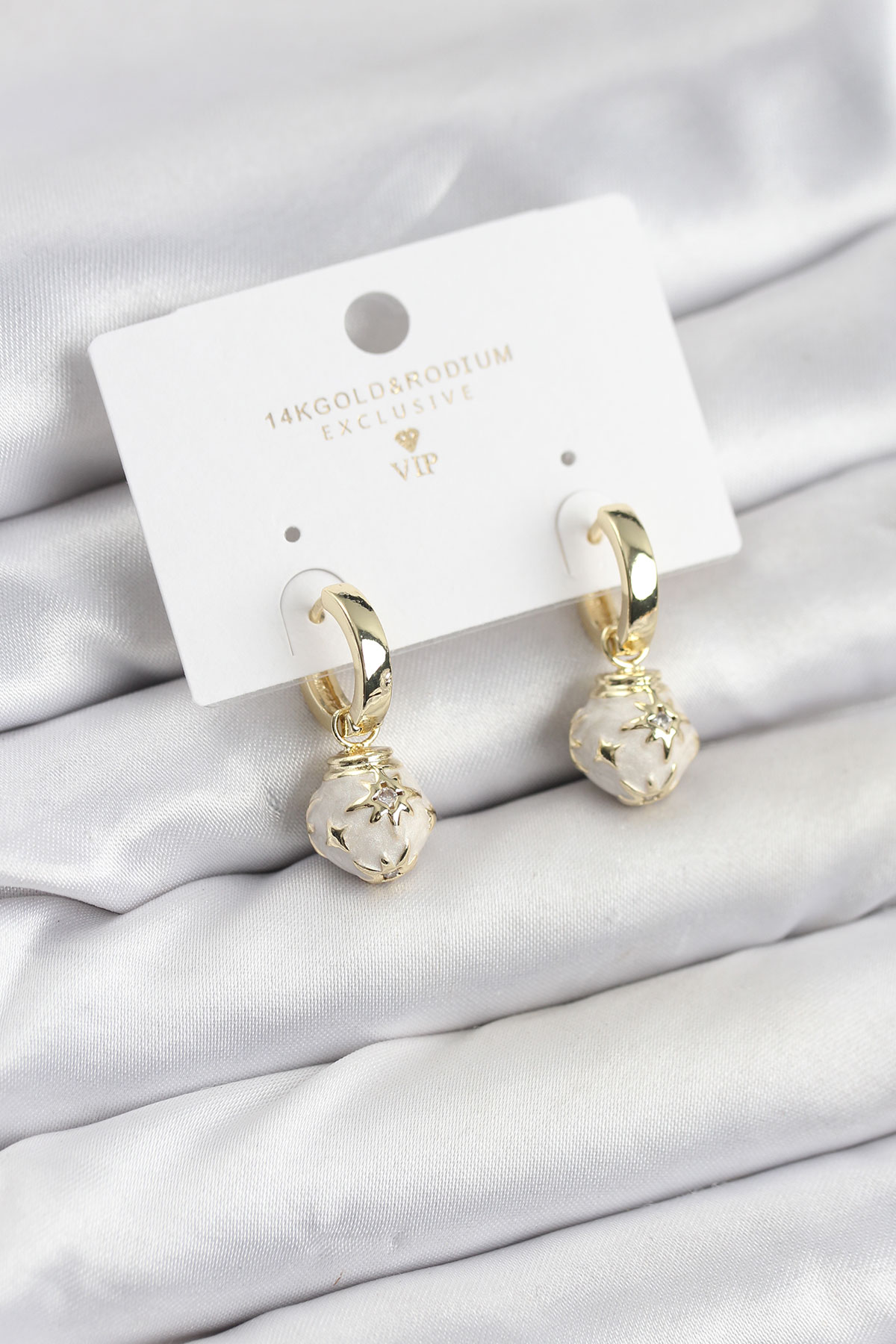 Pirinç Gold Renk Topçuk Model Mineli Halka Kadın Küpe - Lisinya