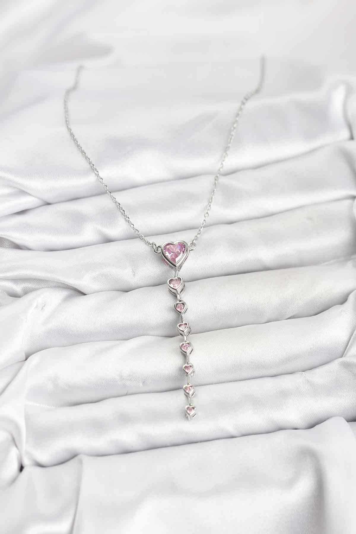 316L Çelik Zincir Gümüş Renk Pembe Kalp Kadın Kolye - Lisinya