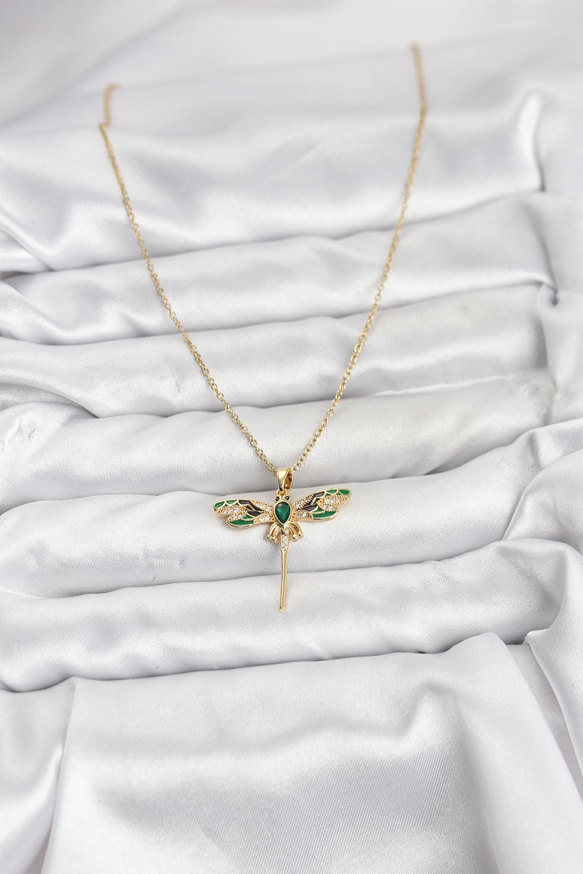 316L Çelik Zincir Gold Renk Yusufçuk Model Zirkon Taşlı Kadın Kolye - Lisinya