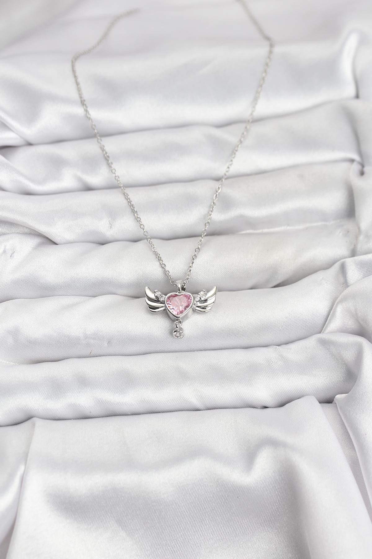 316L Çelik Zincir Gümüş Renk Kanatlı Kalp Model Zirkon Taşlı Kadın Kolye - Lisinya