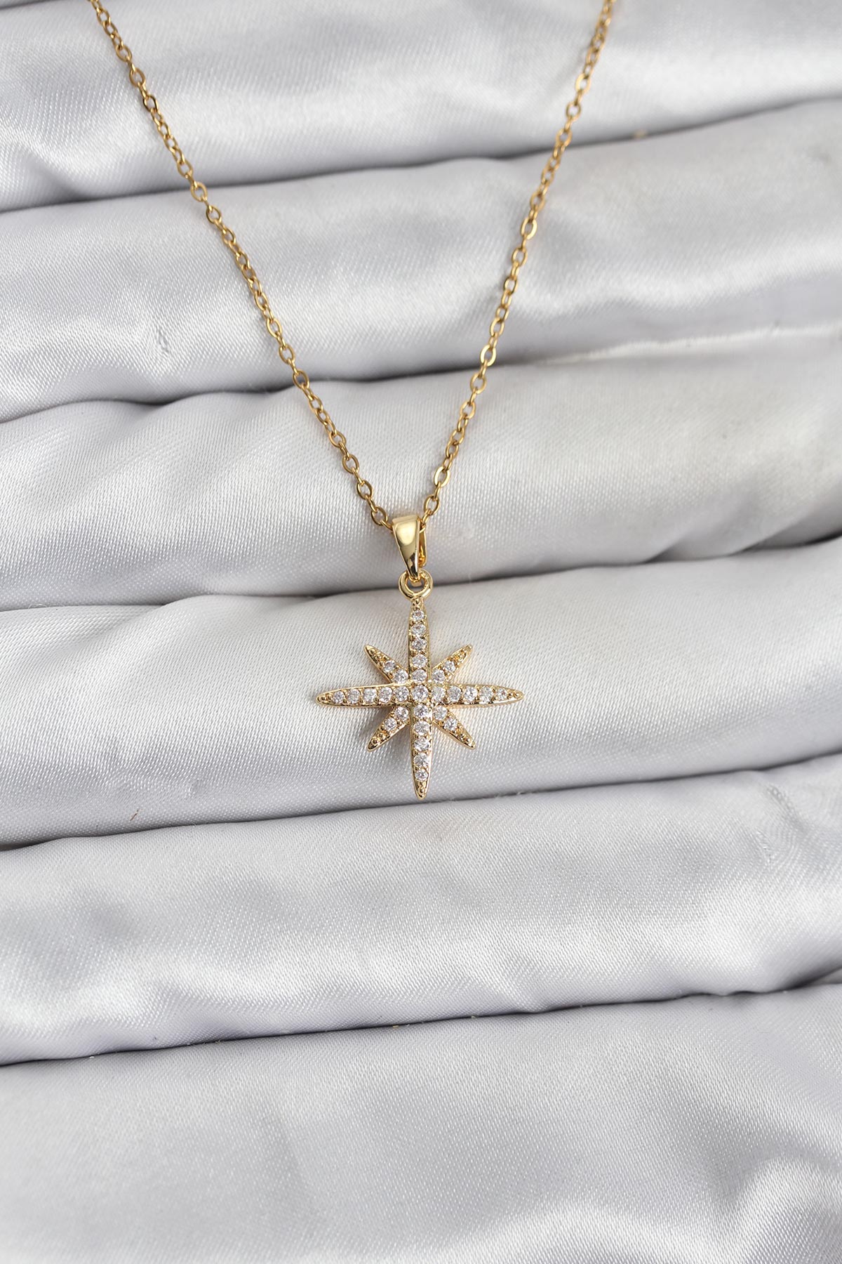 316L Çelik Zincir Gold Renk Kutup Yıldızı Model Zirkon Taşlı Kadın Kolye - Lisinya