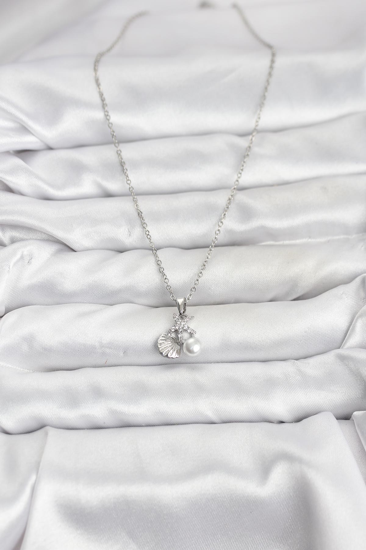 316L Çelik Zincir Gümüş Renk Deniz Kabuğu ve Deniz Yıldızı Model Zirkon Taşlı Kadın Kolye - Lisinya