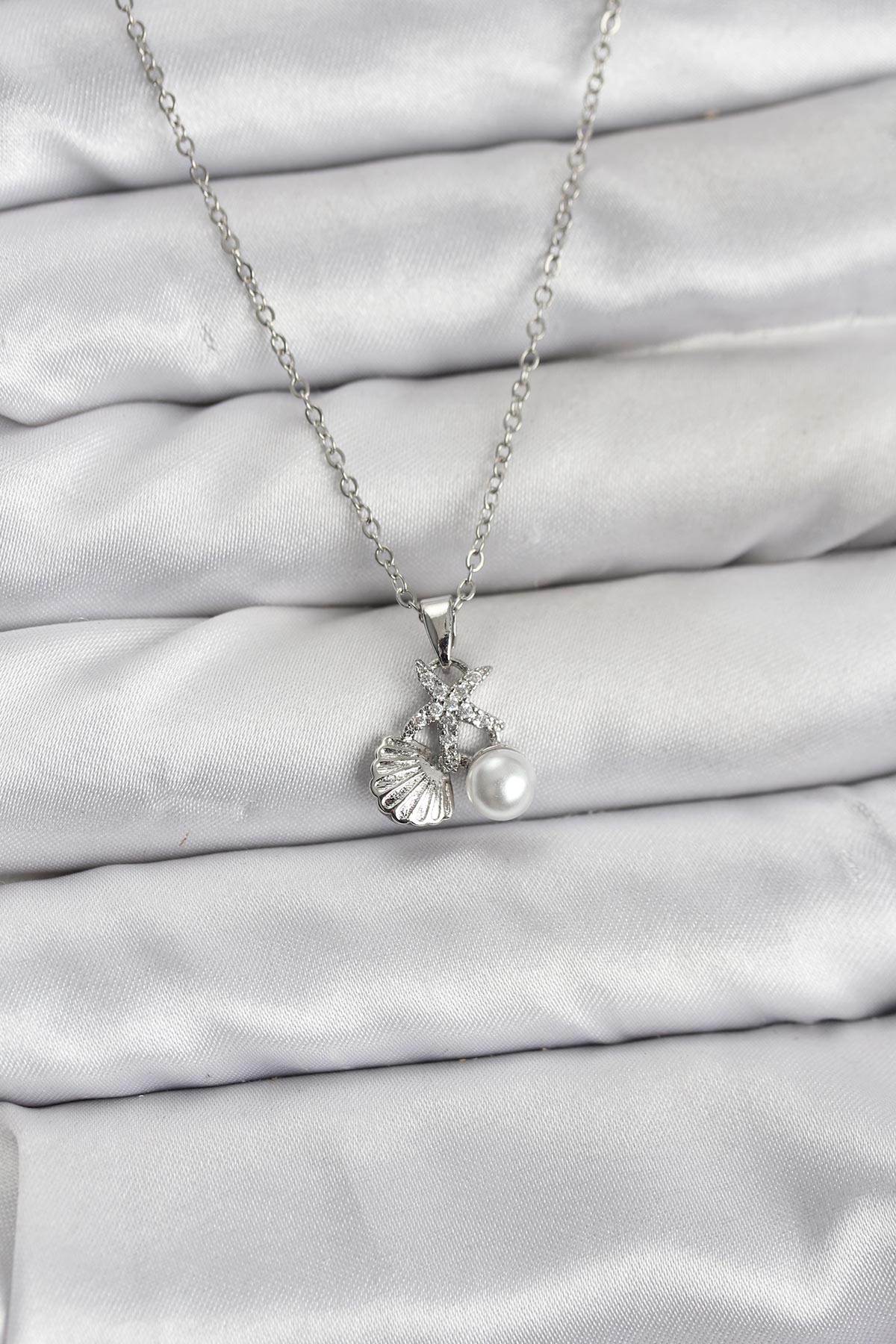 316L Çelik Zincir Gümüş Renk Deniz Kabuğu ve Deniz Yıldızı Model Zirkon Taşlı Kadın Kolye - Lisinya