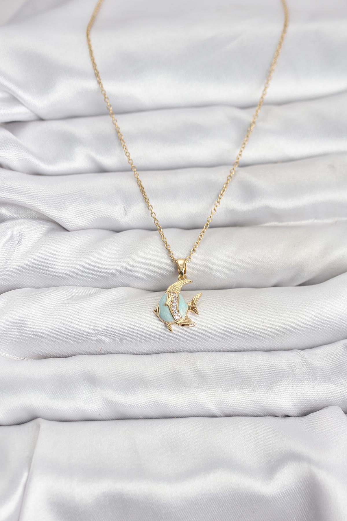 316L Çelik Zincir Gold Renk Balık Model Zirkon Taşlı Kadın Kolye - Lisinya