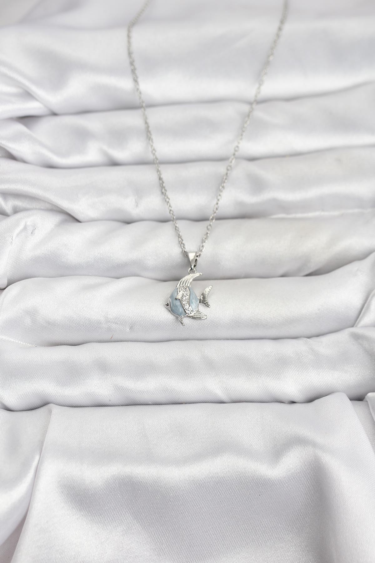 316L Çelik Zincir Gümüş Renk Balık Model Zirkon Taşlı Kadın Kolye - Lisinya