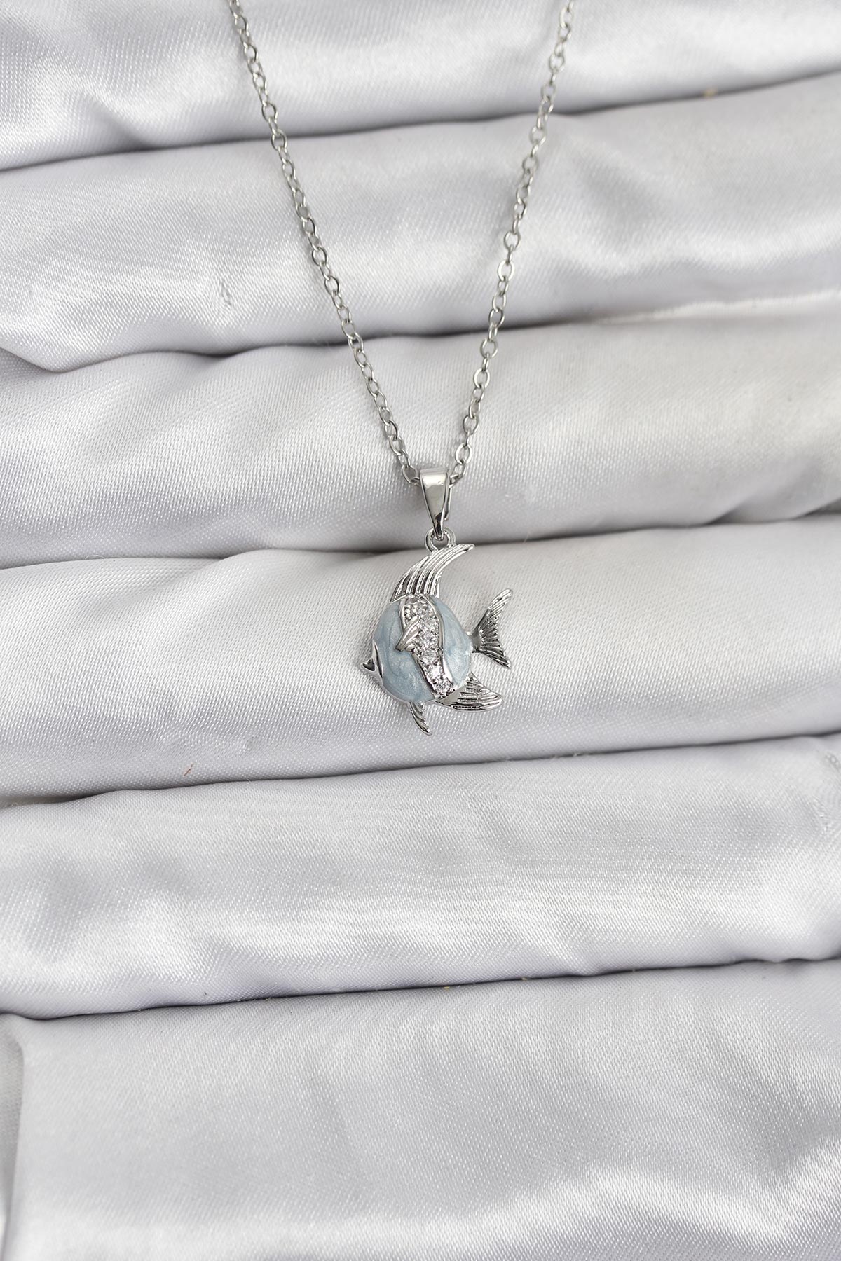 316L Çelik Zincir Gümüş Renk Balık Model Zirkon Taşlı Kadın Kolye - Lisinya