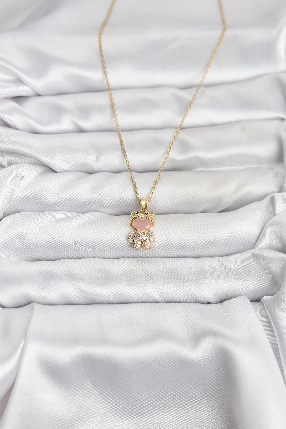 316L Çelik Zincir Gold Renk Teddy Bear Model Zirkon Taşlı Kadın Kolye - Lisinya