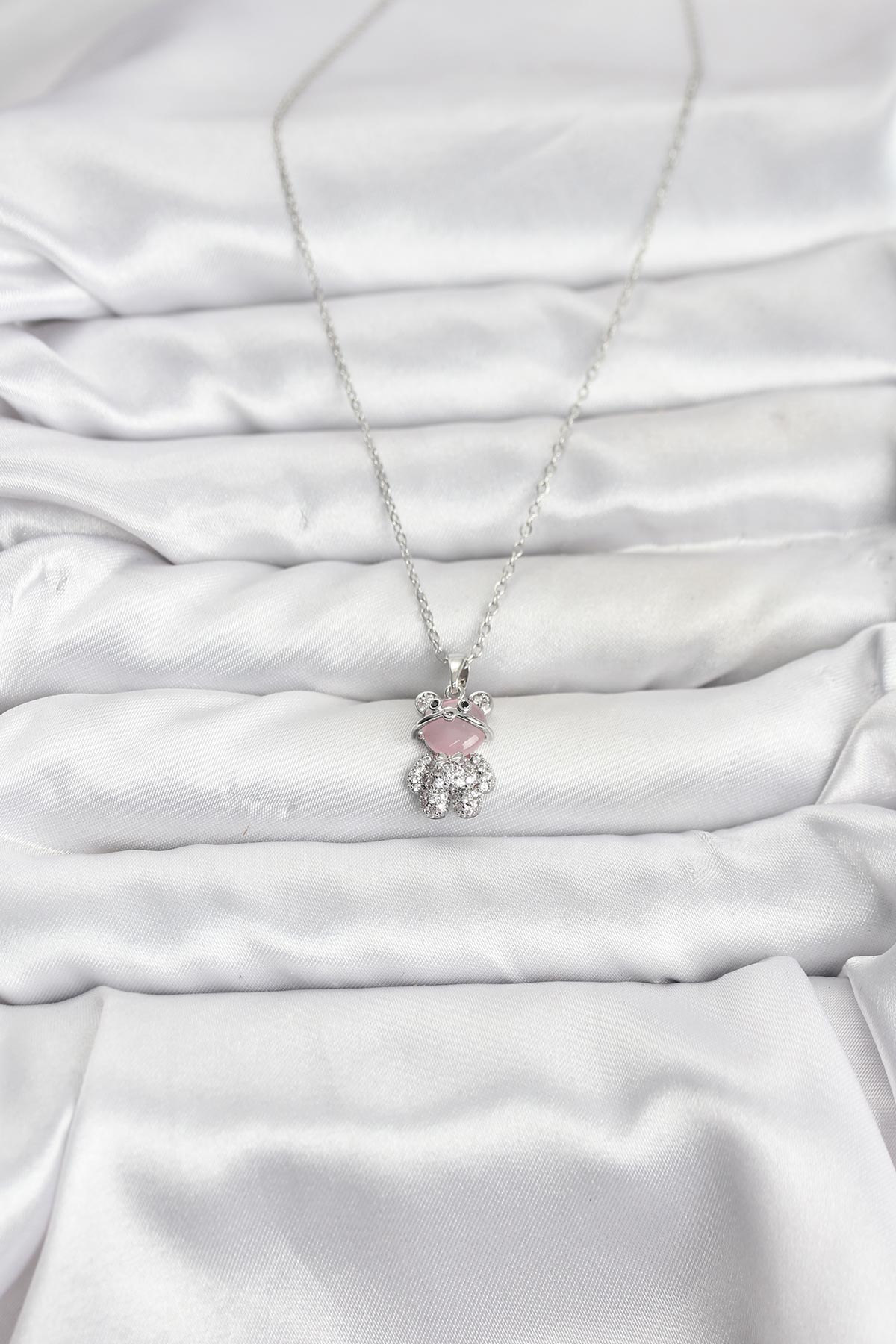 316L Çelik Zincir Gümüş Renk Teddy Bear Model Zirkon Taşlı Kadın Kolye - Lisinya