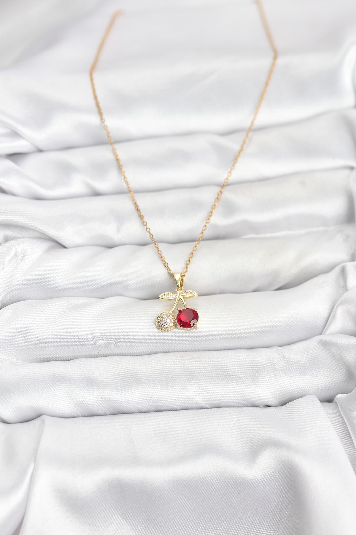 316L Çelik Zincir Gold Renk Kiraz Model Zirkon Taşlı Kadın Kolye - Lisinya