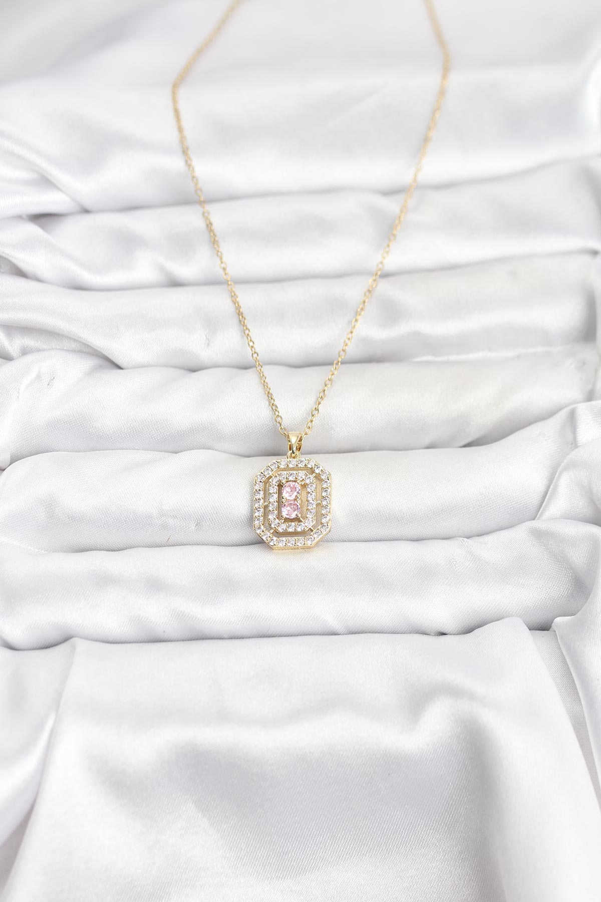 316L Çelik Zincir Gold Renk Plaka Model Zirkon Taşlı Kadın Kolye - Lisinya