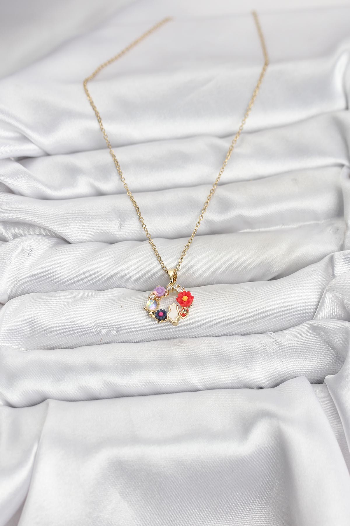 316L Çelik Zincir Gold Renk Çiçekli Kedili Model Kadın Kolye - Lisinya