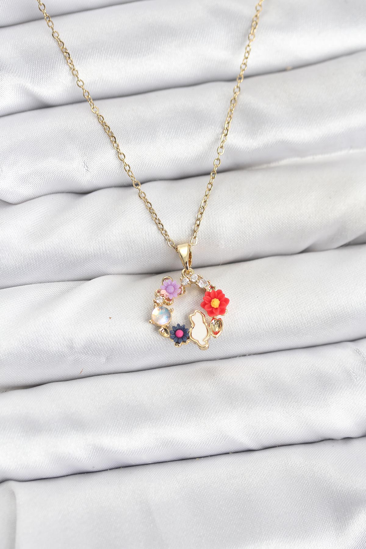 316L Çelik Zincir Gold Renk Çiçekli Kedili Model Kadın Kolye - Lisinya