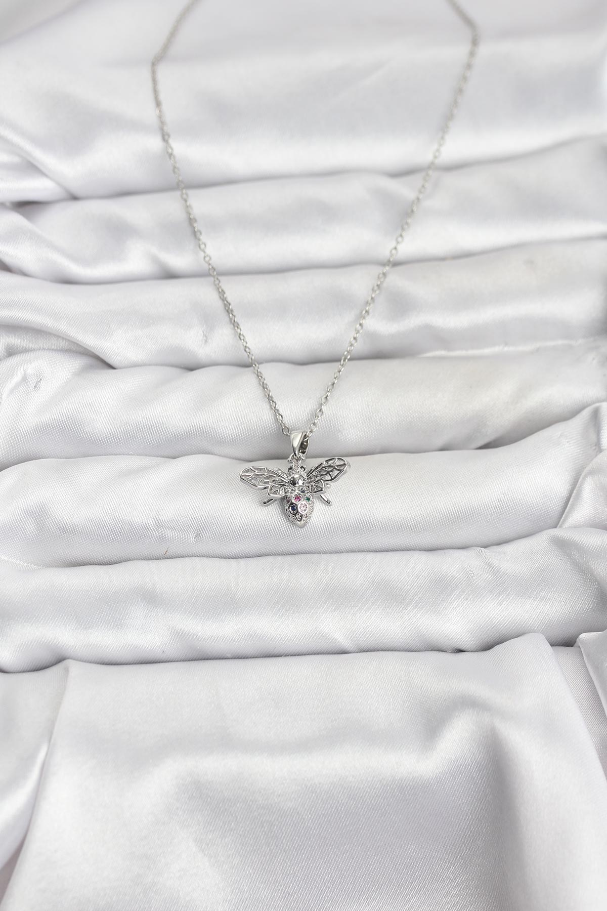 316L Çelik Zincir Gümüş Renk Sinek Model Zirkon Taşlı Kadın Kolye - Lisinya