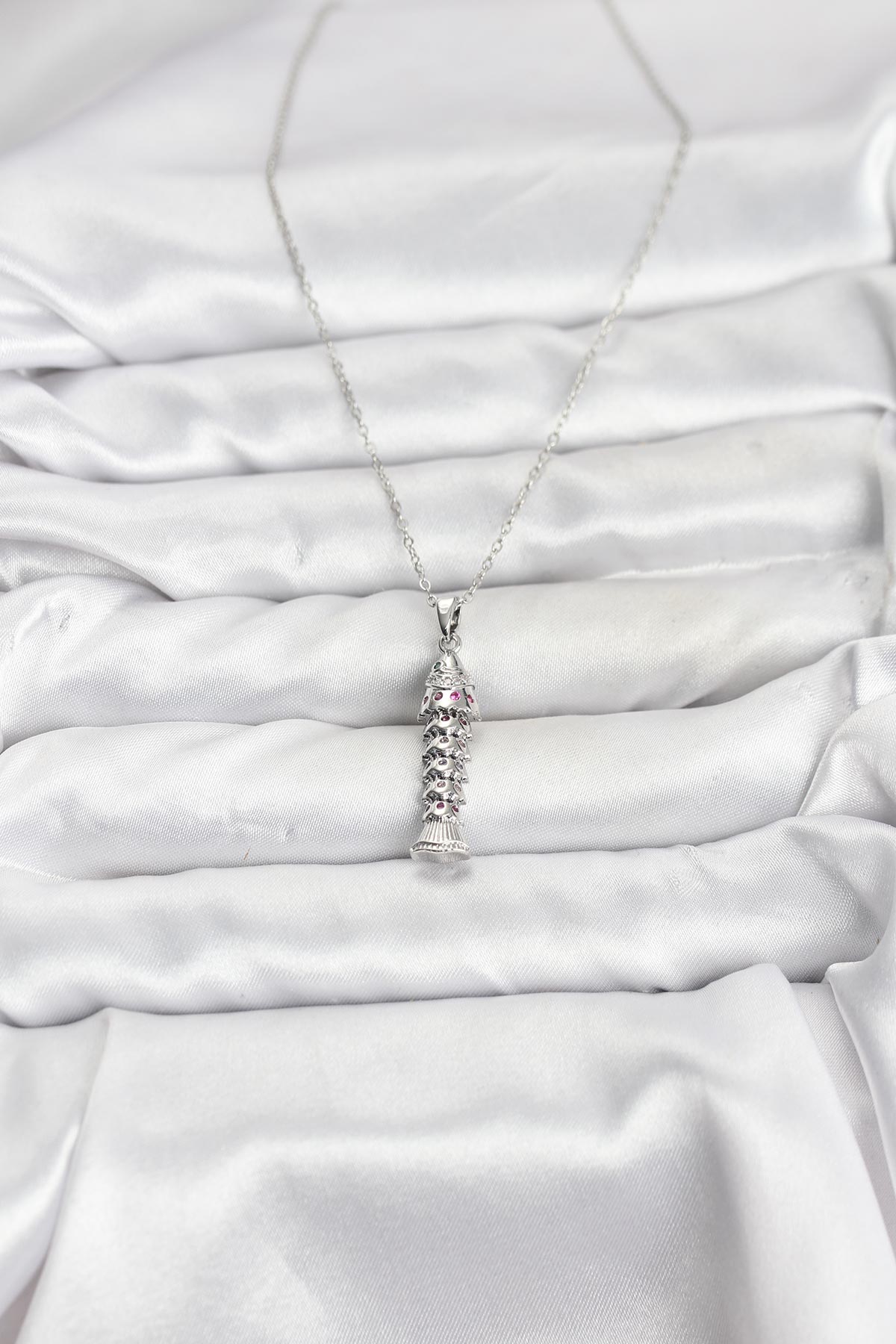 316L Çelik Zincir Gümüş Renk Balık Model Zirkon Taşlı Kadın Kolye - Lisinya