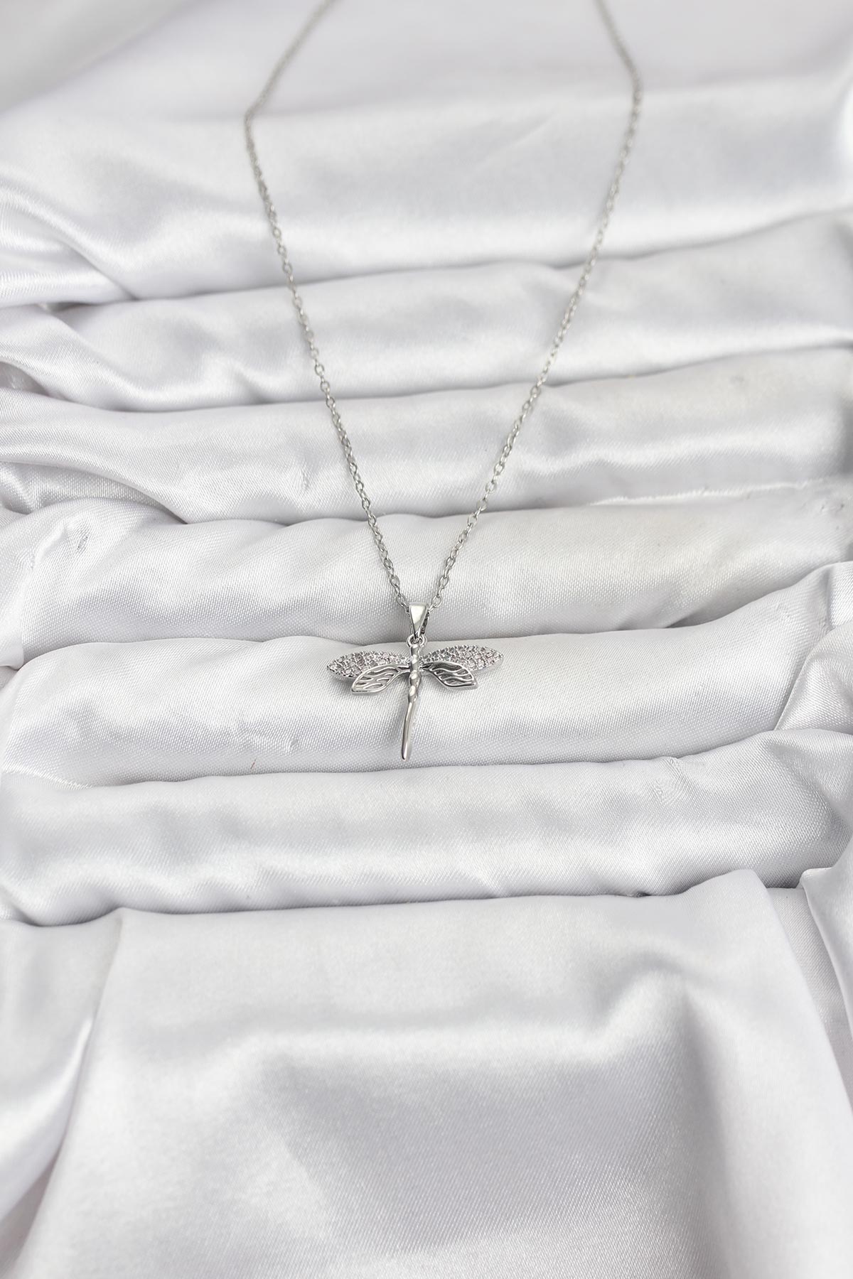 316L Çelik Zincir Gümüş Renk Yusufçuk Model Zirkon Taşlı Kadın Kolye - Lisinya