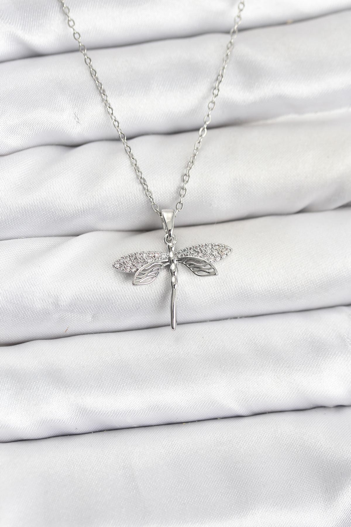 316L Çelik Zincir Gümüş Renk Yusufçuk Model Zirkon Taşlı Kadın Kolye - Lisinya