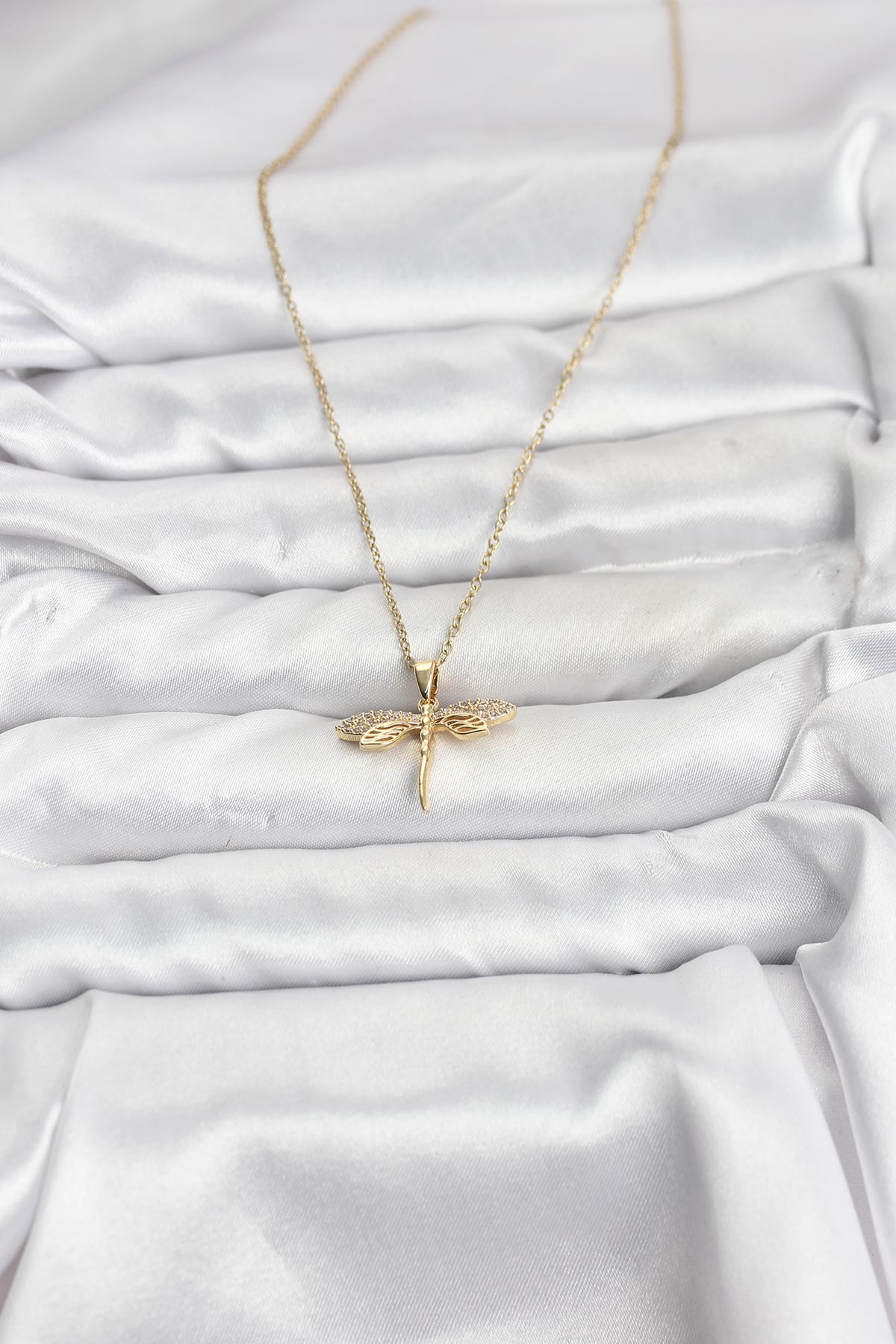 316L Çelik Zincir Gold Renk Yusufçuk Model Zirkon Taşlı Kadın Kolye - Lisinya