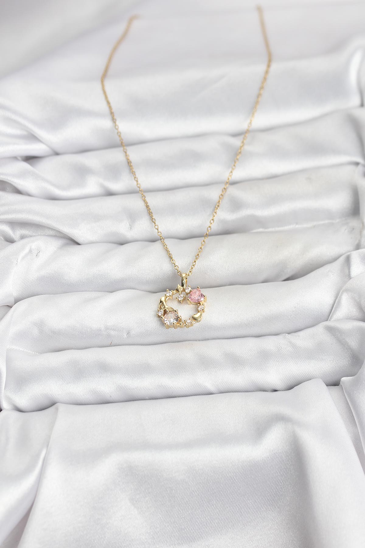 316L Çelik Zincir Gold Renk Pembe Taş Detaylı Çelenk Model Kadın Kolye - Lisinya
