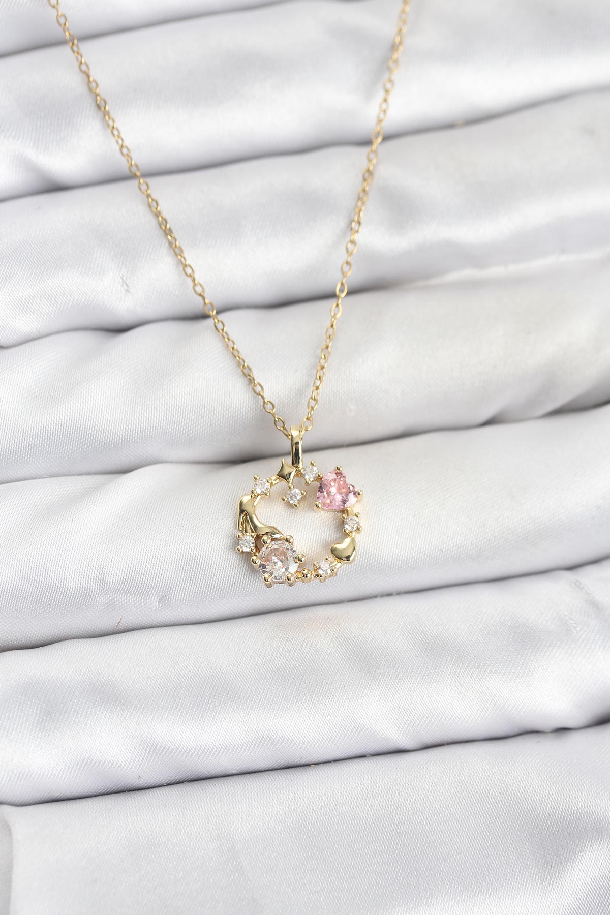 316L Çelik Zincir Gold Renk Pembe Taş Detaylı Çelenk Model Kadın Kolye - Lisinya