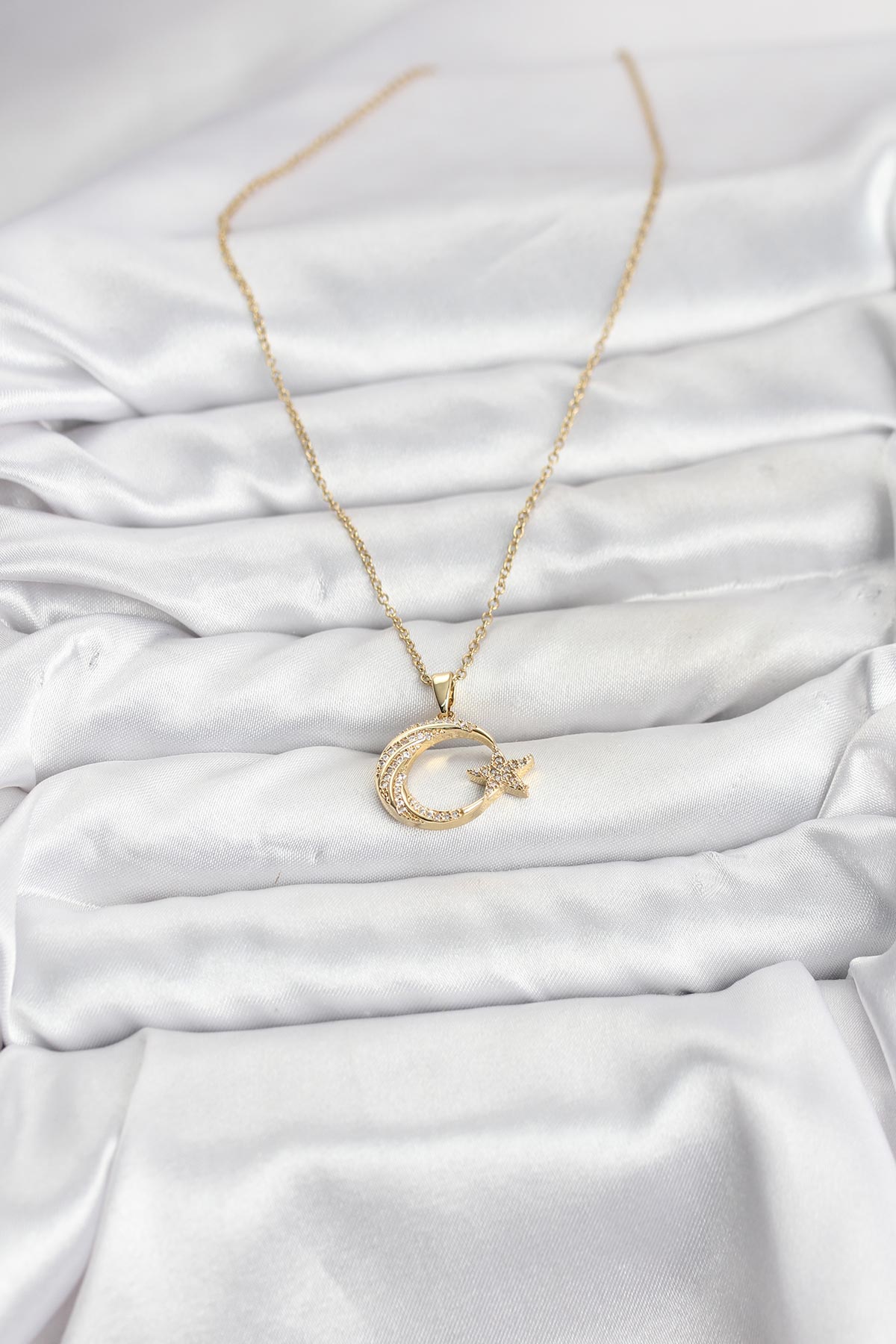 316L Çelik Zincir Gold Renk Ay Yıldız Model Zirkon Taşlı Kadın Kolye - Lisinya