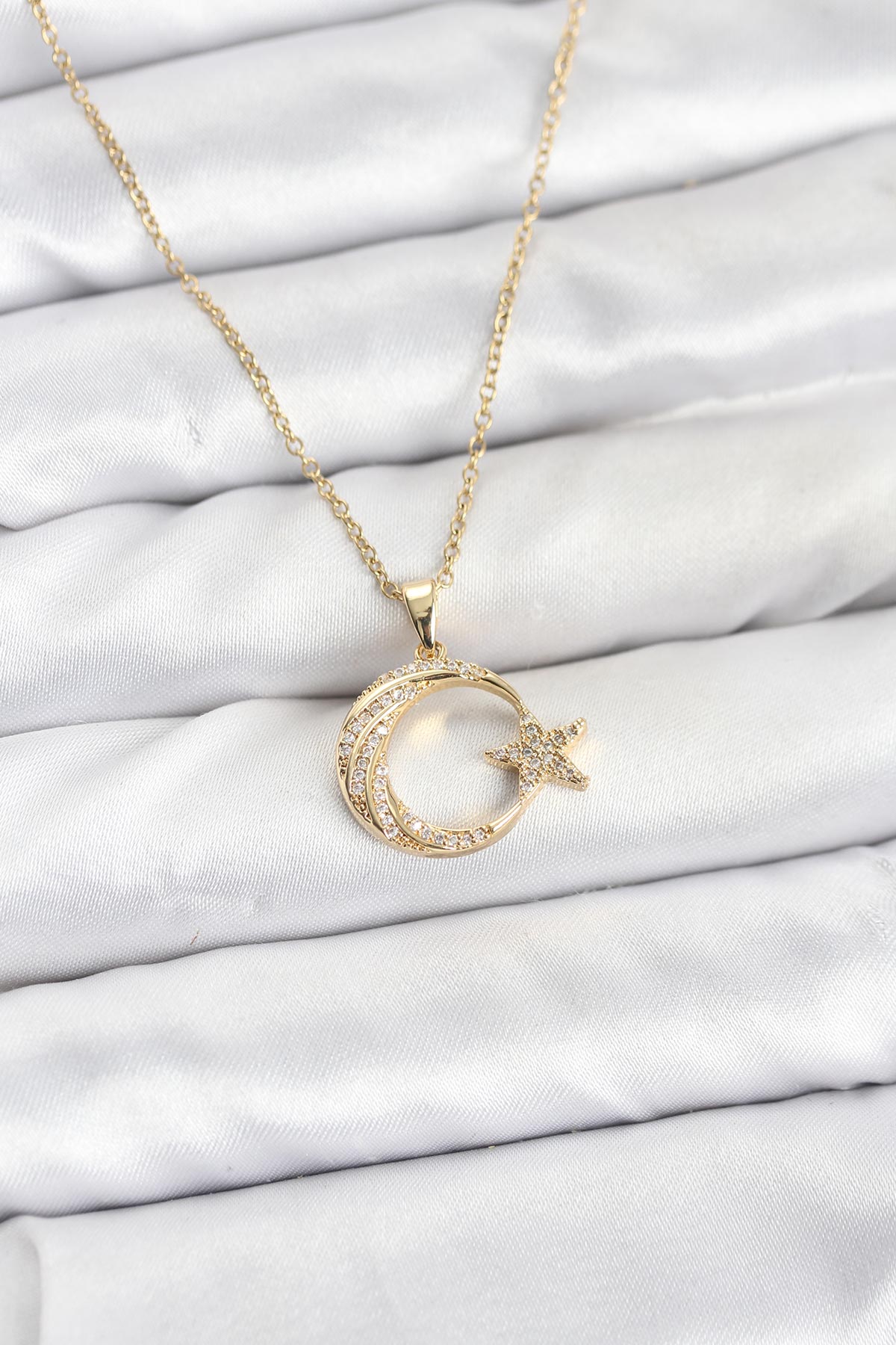 316L Çelik Zincir Gold Renk Ay Yıldız Model Zirkon Taşlı Kadın Kolye - Lisinya