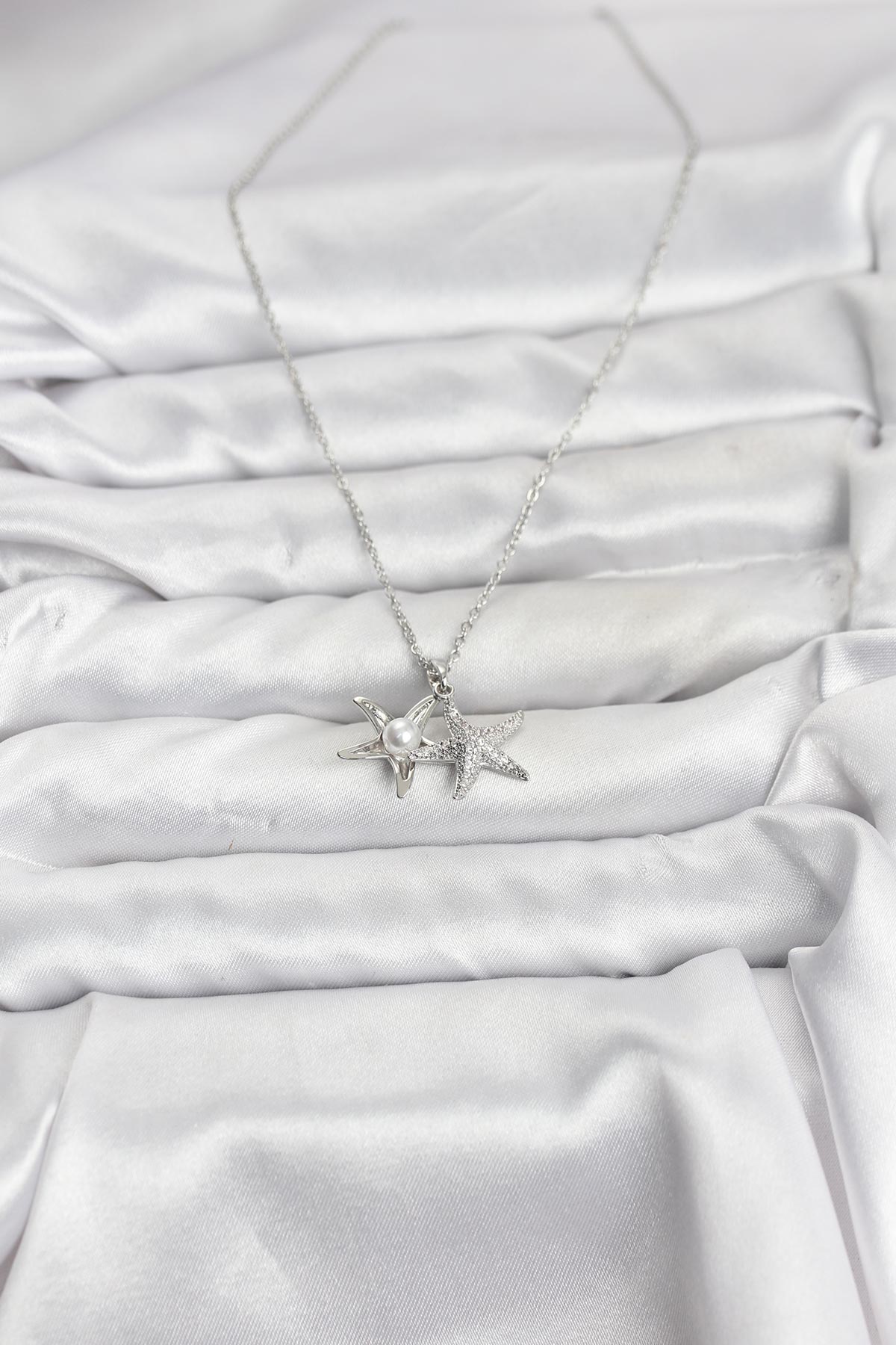 316L Çelik Zincir Gümüş Renk Deniz Yıldızı Model Zirkon Taşlı Kadın Kolye - Lisinya