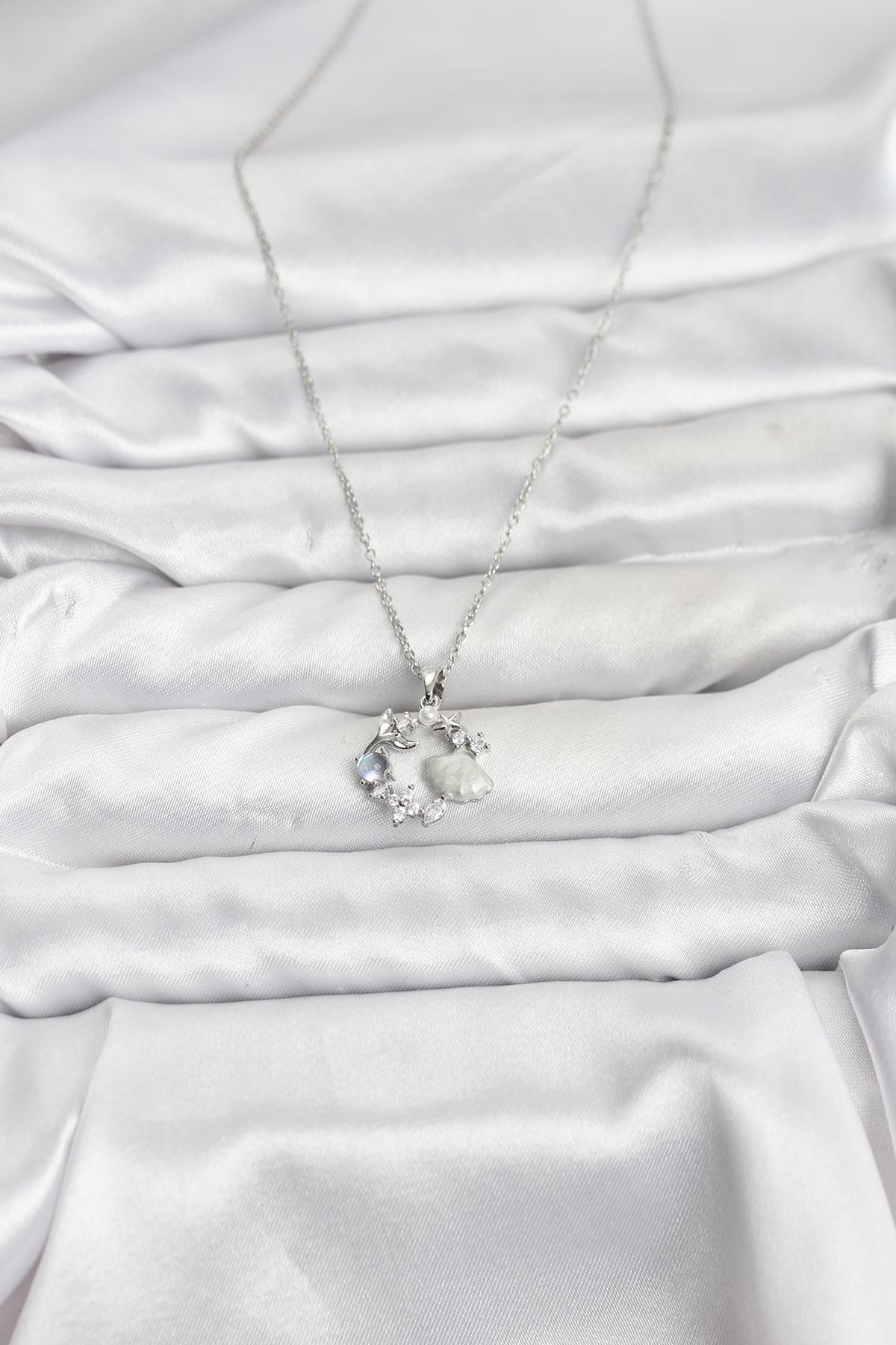 316L Çelik Zincir Gümüş Renk Deniz Tema Model Zirkon Taşlı Kadın Kolye - Lisinya