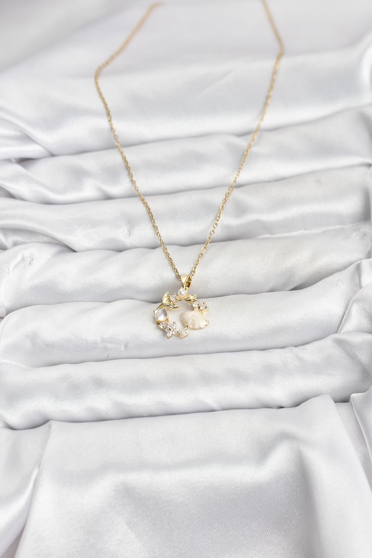 316L Çelik Zincir Gold Renk Deniz Tema Model Zirkon Taşlı Kadın Kolye - Lisinya