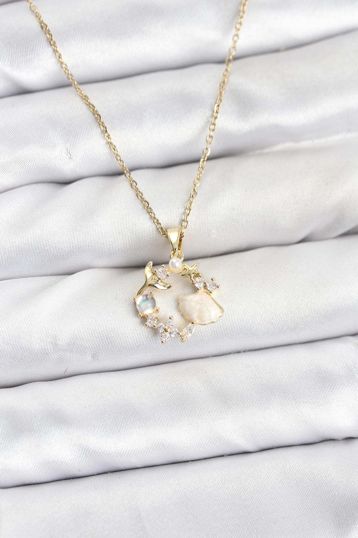 316L Çelik Zincir Gold Renk Deniz Tema Model Zirkon Taşlı Kadın Kolye - Lisinya