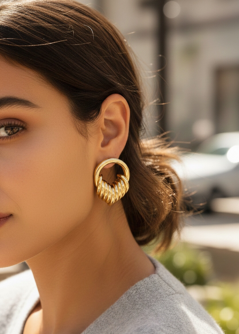 Pirinç Gold Renk Halka Sarmal Model Vintage Kadın Küpe - Lisinya