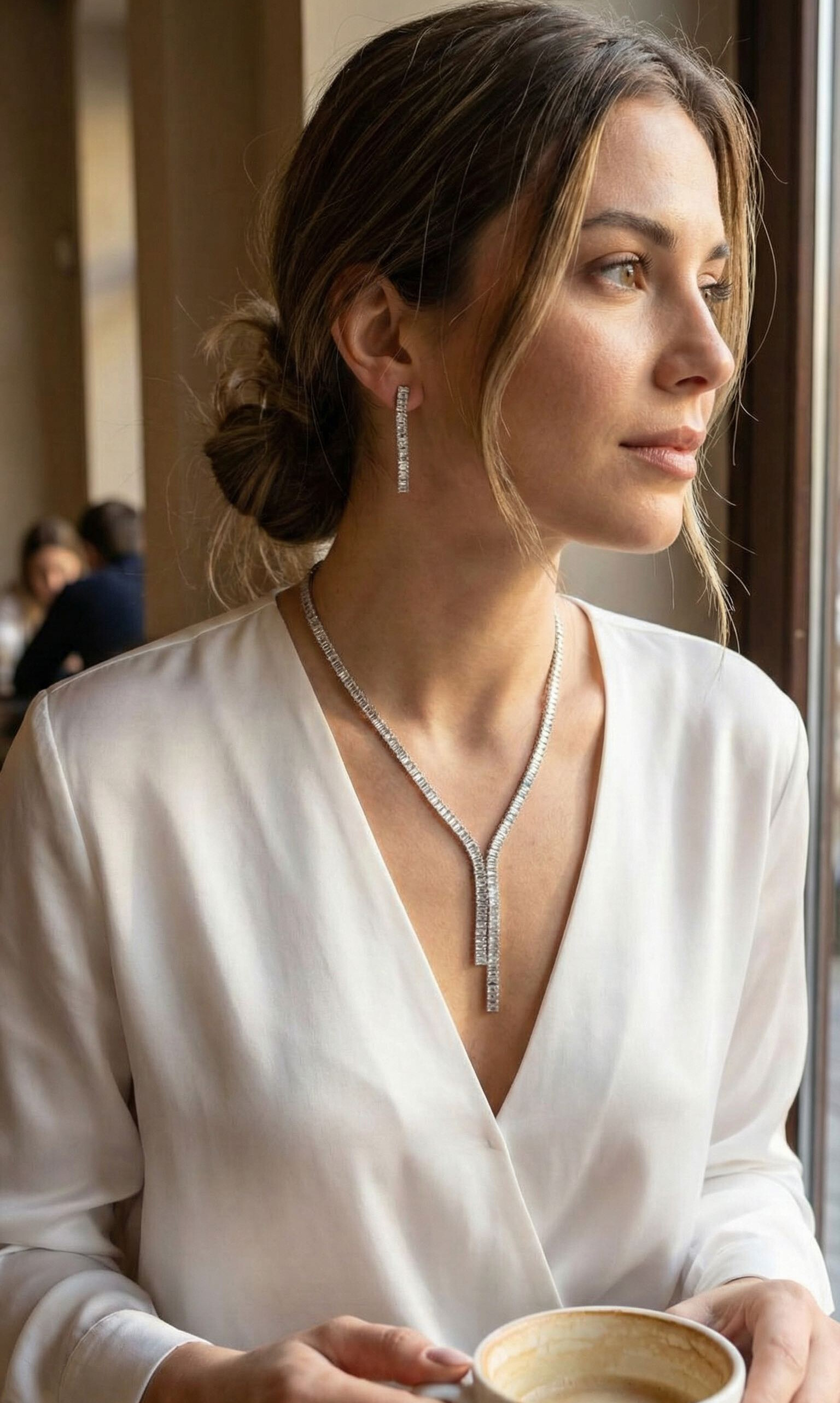 Gümüş Renk Baget Zirkon Taşlı Kadın Kolye Küpe Set - Lisinya