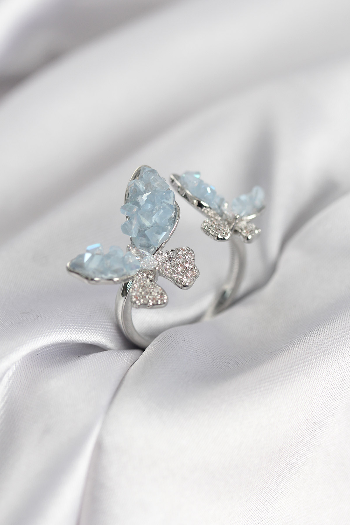 Gümüş Renk Mavi Kelebek Model Zirkon Taşlı Kadın Yüzük - Lisinya