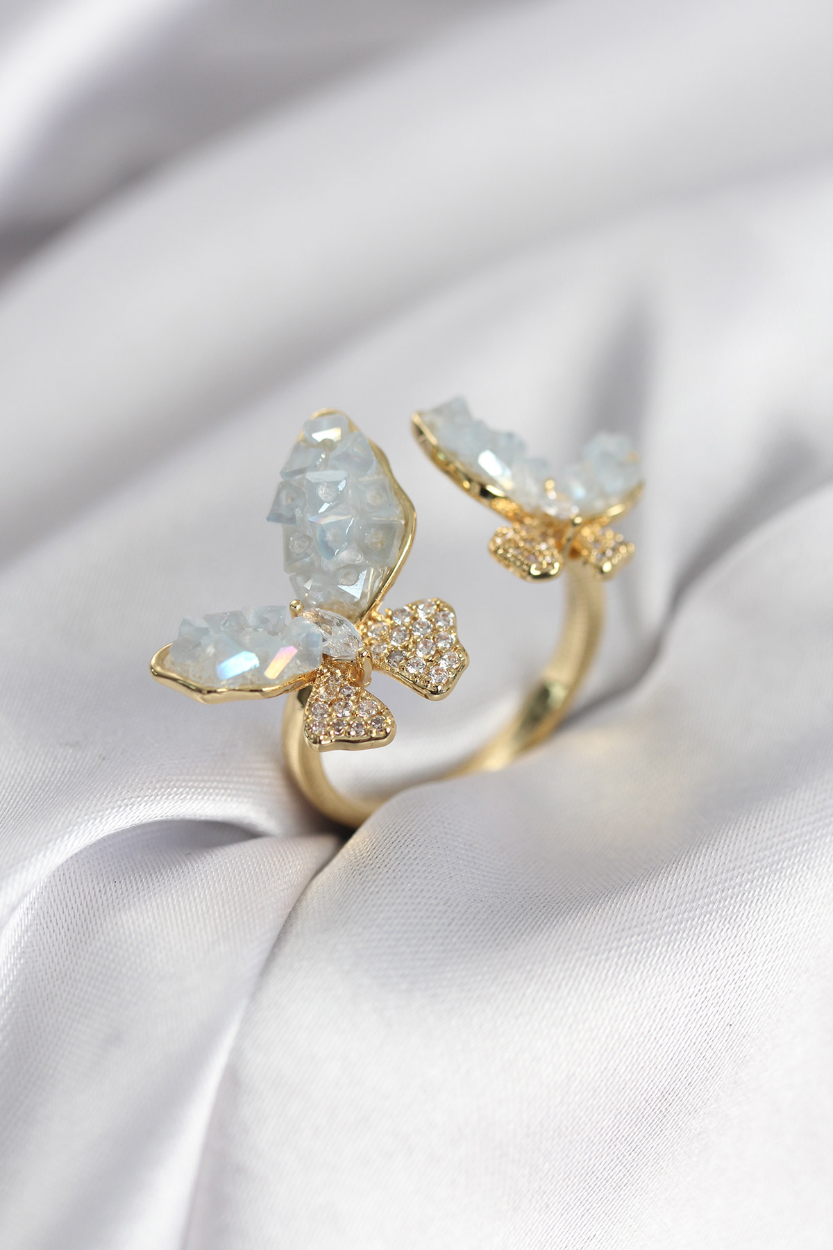 Gold Renk Mavi Kelebek Model Zirkon Taşlı Kadın Yüzük - Lisinya