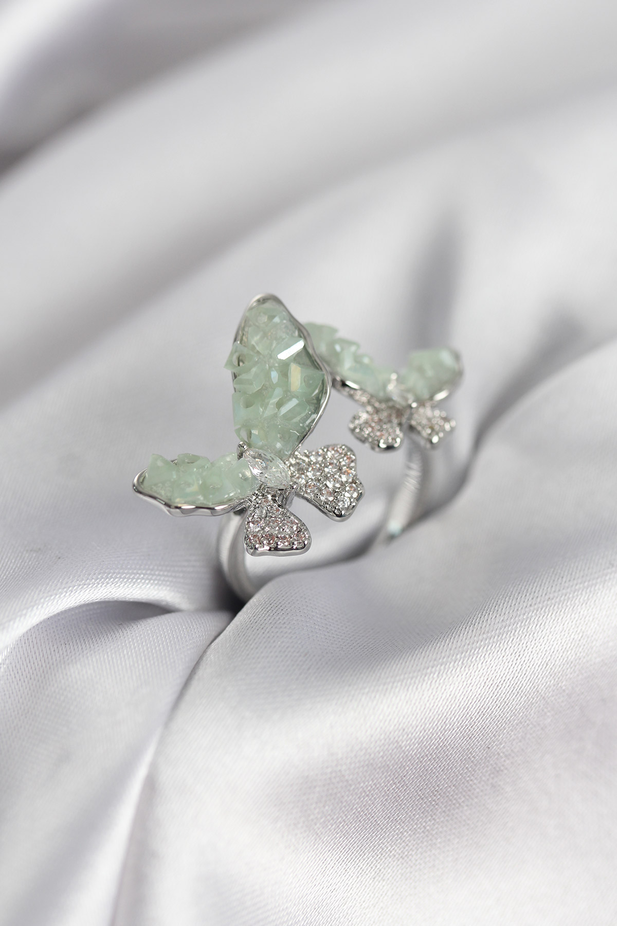 Gümüş Renk Su Yeşili Kelebek Model Zirkon Taşlı Kadın Yüzük - Lisinya