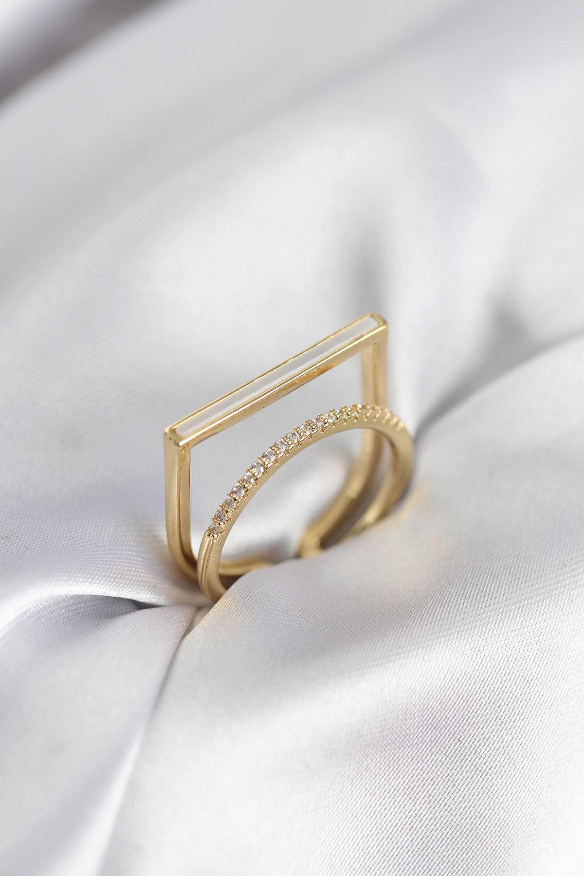 Gold Renk Sedefli Zirkon Taşlı 2'li Kadın Yüzük - Lisinya