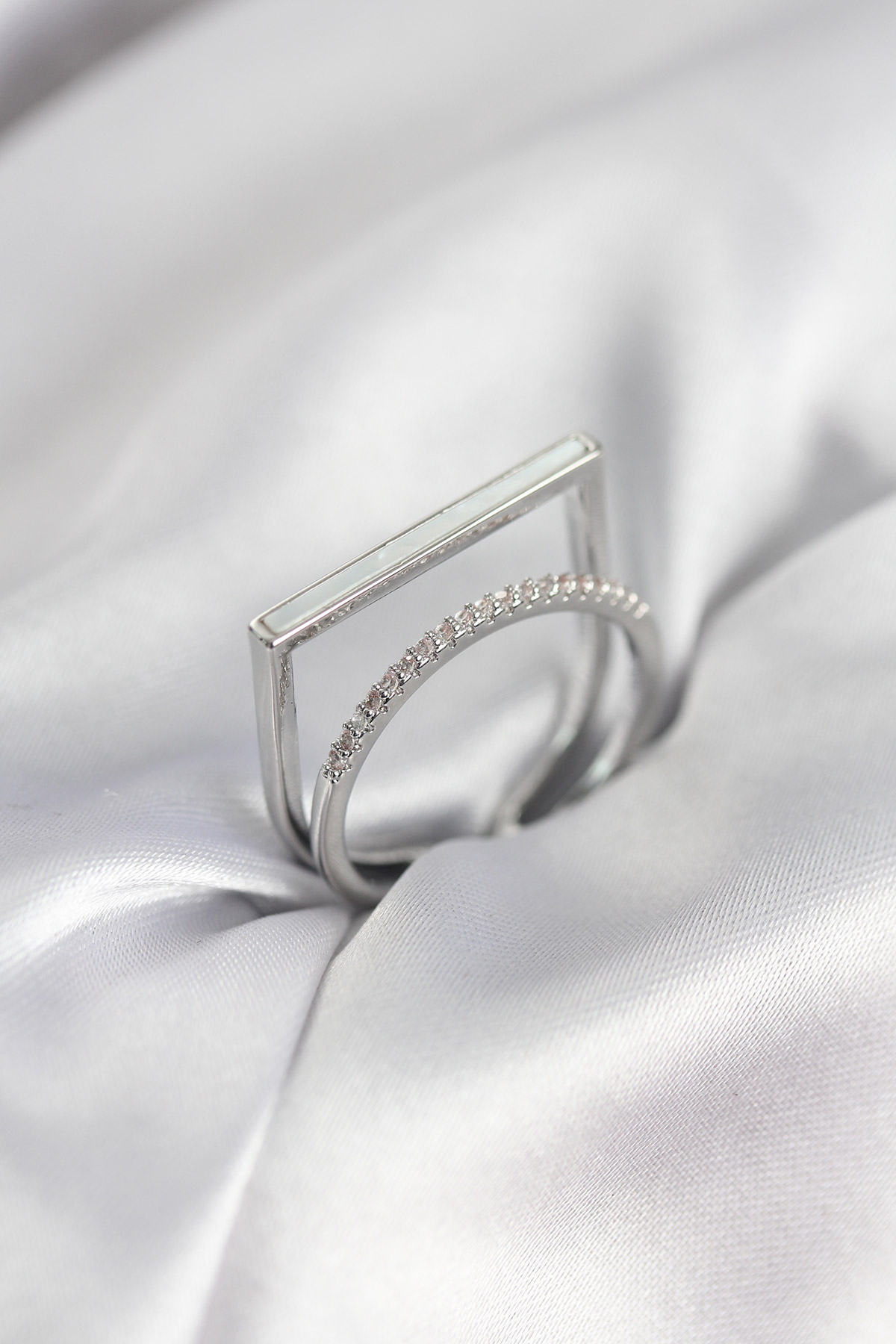 Gümüş Renk Sedefli Zirkon Taşlı 2'li Kadın Yüzük - Lisinya