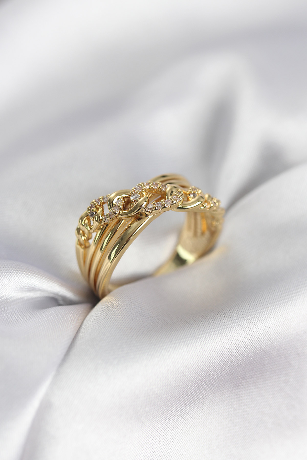 Gold Renk Zirkon Taşlı Zincir Model Kadın Yüzük - Lisinya